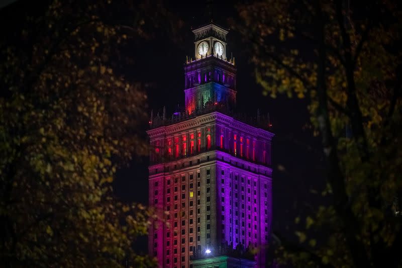 The Palace of Culture is illuminated with rainbow colours in a gesture of solidarity with the LGBT community in Warsaw