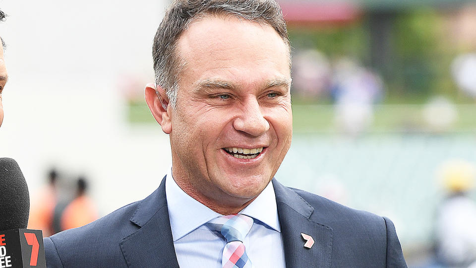 Michael Slater is pictured here in commentary for Channel 7 in 2018.