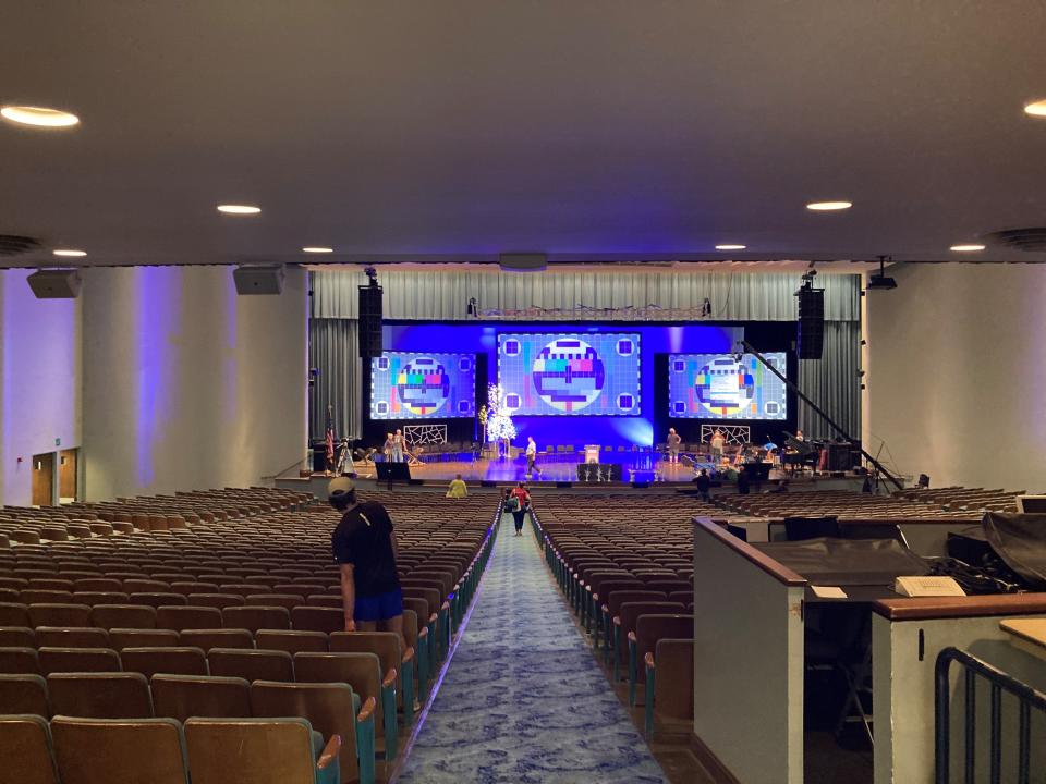 The stage at Emens Auditorium at Ball State University is prepared Wednesday for the Annual Conference of the United Methodist Churches of Indiana. Among the business expected during the conference is consideration of Hoosier congregations wanting to leave the UMC over disputes concerning traditional versus progressive doctrine.