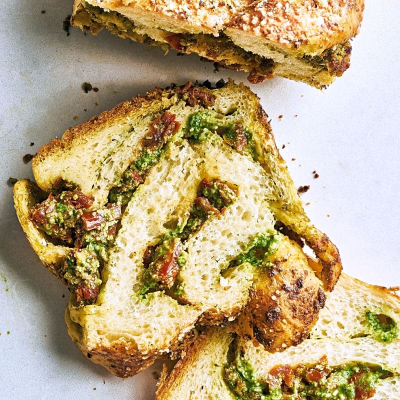 Savory Babka with Pesto, Ricotta, and Sun-Dried Tomato