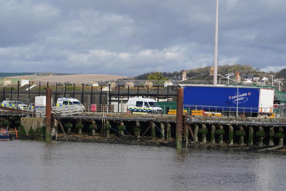 The scene at Newhaven ferry port after migrants have been found in the back of a lorry at port in East Sussex amid a large emergency services presence. (PA)