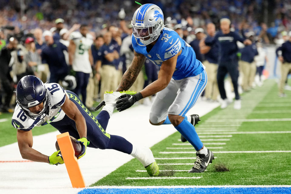Tyler Lockett (16) scored the game-winning touchdown in overtime and the Detroit Lions' hyped home opener ended with a loss to the Seahawks. (Photo by Nic Antaya/Getty Images)