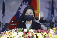 Taiwan's President Tsai Ing-wen delivers a keynote speech during the commissioning ceremony of the the domestically made Ta Jiang warship at the Suao naval base in Yilan county, Taiwan, Thursday, Sept. 9, 2021. Taiwan's president oversaw the commissioning of the new domestically made navy warship Thursday as part of the island's plan to boost indigenous defense capacity amid heightened tensions with China. (AP Photo/Chiang Ying-ying)