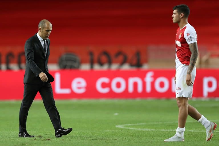 Leonardo Jardim (L) trudges off the pitch at the end of Monaco's defeat against Angers on Tuesday