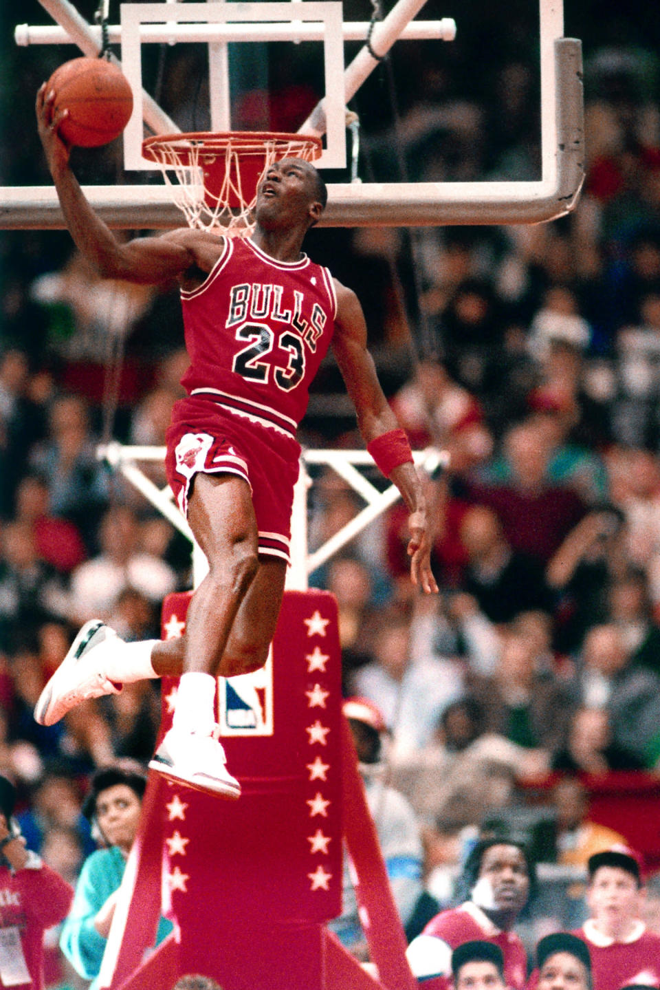 Another one of Michael Jordan's dunks during the 1988 Slam Dunk competition. (Getty Images)