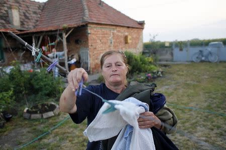 Milica Milkovic, a packaging worker with Serbian farming company Agroziv, takes laundry off a washing line in front of her house in the village of Srpski Itebej, near Vrsac July 7, 2014. REUTERS/Djordje Kojadinovic