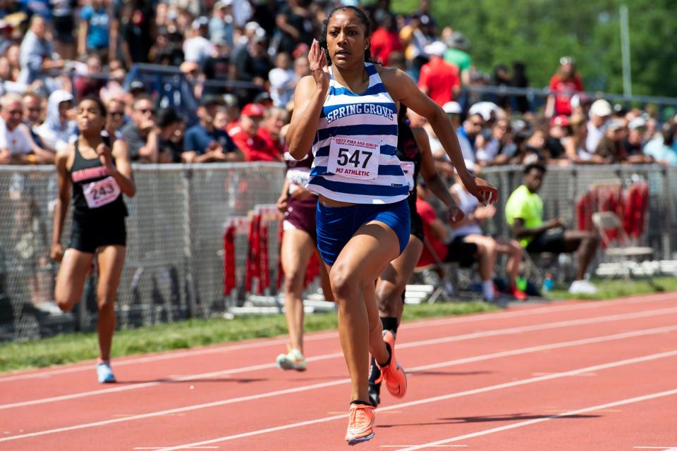 Spring Grove's Laila Campbell sprints to her second gold medal of the weekend at the PIAA Track and Field Championships at Shippensburg University on Saturday, May 28, 2022. 