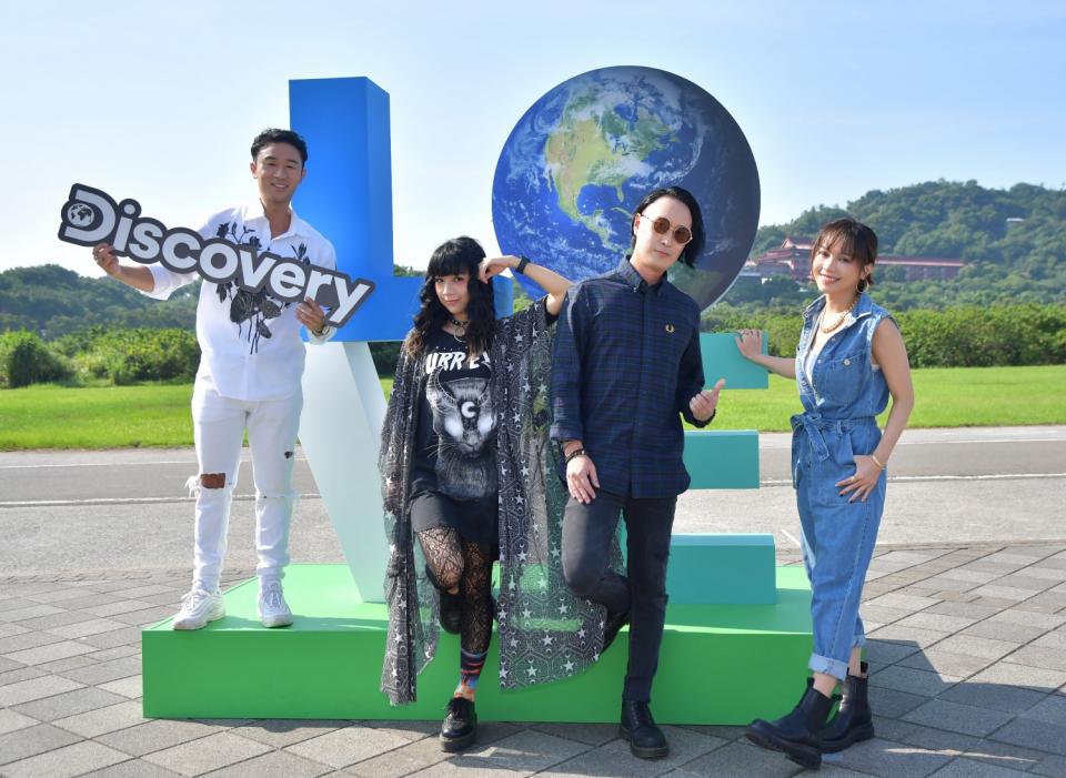 Sam Lin（左起）、原子邦妮、林采欣為宣導環保參與演出。（圖／Discovery提供）