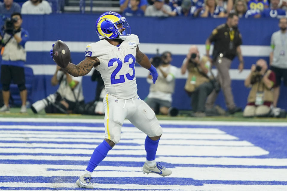 Los Angeles Rams running back Kyren Williams celebrates after scoring a touchdown during the first half of an NFL football game against the Indianapolis Colts, Sunday, Oct. 1, 2023, in Indianapolis. (AP Photo/Darron Cummings)