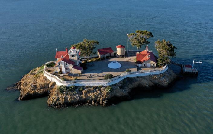 The East Brother Light Station is seen from this drone view in Richmond, Calif., on Tuesday, March 22, 2022.