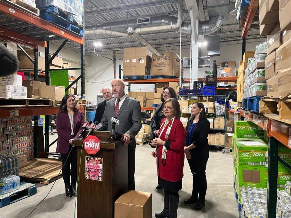 From left: Cornell Cooperative Extension's Tara Kenyon, Broome County Executive Jason Garnar, CHOW director Les Aylesworth, Leadership Alliance's Amy Williamson, Assemblywoman Donna Lupardo and Broome-Tioga BOCES' Julie Raway highlight Holiday Giving Boxes campaign.