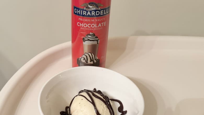 Ghirardelli syrup bottle with ice cream