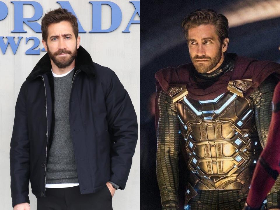 Jake Gyllenhaal at the Prada Fall/Winter 2024 Menswear Fashion Show in Milan, Italy, and as Mysterio in "Spider-Man: Far From Home."