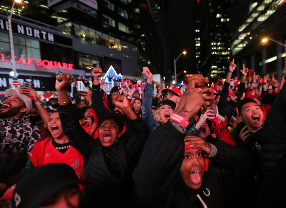 TORONTO, ON- JUNE 13 - Toronto fans watch, worry and celebrate at Jurassic park as the Toronto Raptors beat the Golden State Warriors in game six to win the NBA Championship at Oracle Arena in Oakland outside at Scotiabank Arena in Toronto. June 13, 2019. (Steve Russell/Toronto Star via Getty Images)