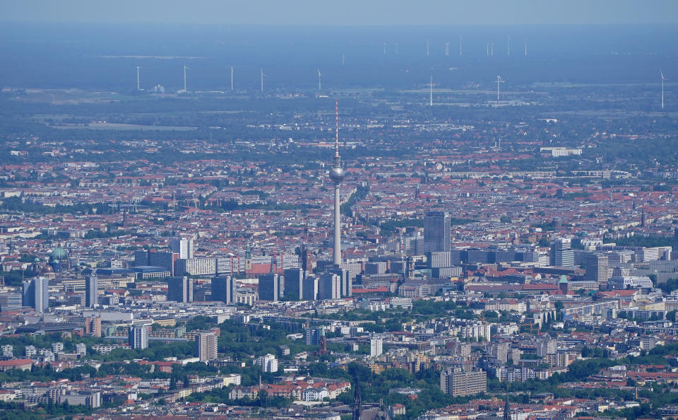 BERLIN, GERMANY - JUNE 1: In this aerial view the broadcast tower at Alexanderplatz looms over the city center on June 1, 2020 in Berlin, Germany. Real estate and housing prices have continued to climb in Berlin despite coronavirus pandemic. (Photo by Sean Gallup/Getty Images)