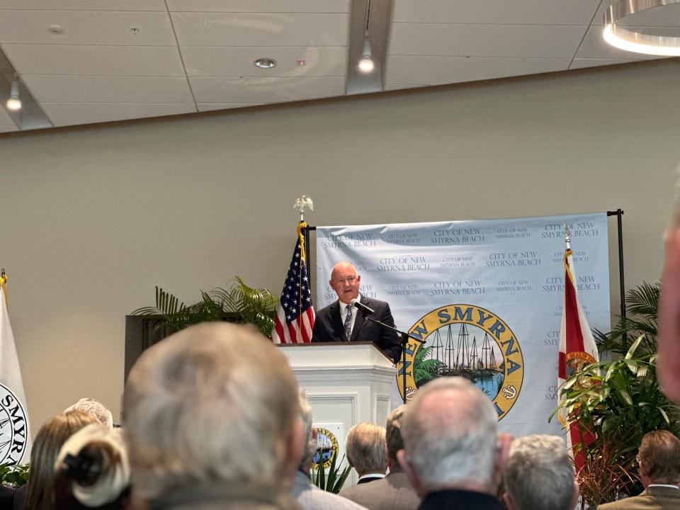 New Smyrna Beach Mayor Fred Cleveland speaks during State of the City address at the Brannon Center, Monday, Feb. 26, 2024.