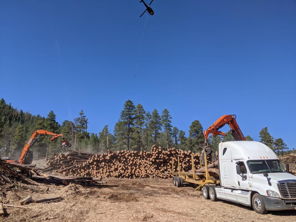 Harvested timber is loaded into a log truck after being delivered by a helicopter during the first phase of the Bill Williams Mountain restoration project.