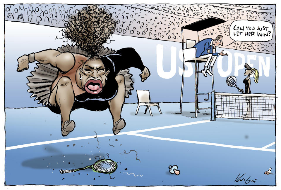 En esta caricatura de Mark Knight, publicada por el Herald Sun de Australia, aparece una imagen que pretende mostrar a Serena Williams, saltando encima de una raqueta rota. El juez de silla dice a la imagen de la mujer rubia: "¿Tan sólo puedes dejar que ella gane?" (Mark Knight/Heral Sun-News Corp. via AP)