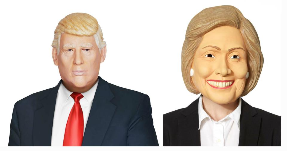 Political masks are always popular around Halloween since most people think the candidates are hiding something. However, anyone who buys these masks of Trump and Clinton may have to deal with the dreaded question no one wants to get: "What are you, anyway?" The <a href="http://www.spirithalloween.com/product/donald-trump-mask/120940.uts?keyword=trump&amp;thumbnailIndex=1&amp;Search=Find+It" target="_blank">Trump mask</a> looks more like Fox Business personality Lou Dobbs, while the Clinton one looks more like <a href="Hillary Clinton Deluxe Mask ($19.99): http:/www.spirithalloween.com/product/hillary-clinton-deluxe-mask/105161.uts?keyword=hillary&amp;thumbnailIndex=1&amp;Search=Find+It" target="_blank">Kathleen Sebelius,</a> the former secretary of Health and Human Services. (<a href="http://www.spirithalloween.com" target="_blank">SpiritHalloween.com</a>, $19.99 for Clinton mask, $21.99 for Trump mask)