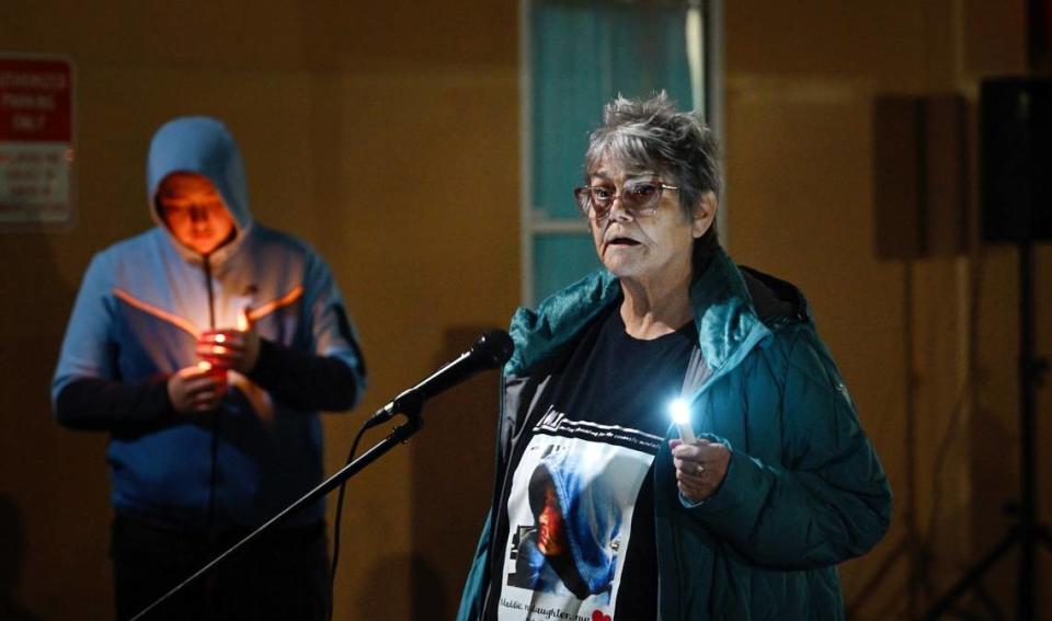 Jennifer Williams talks about her daughter Madeline Delaney during the “The Longest Night” vigil at The Salvation Army’s Berberian shelter in Modesto, Calif., Thursday, Dec. 21, 2023. The National Homeless Persons’ Memorial Day remembers homeless residents who died in 2023.