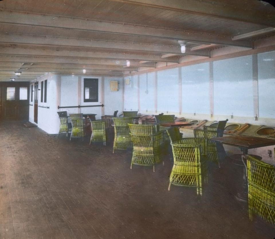 sitting area with wicker chairs arrangement on the lower deck of the rms titanic