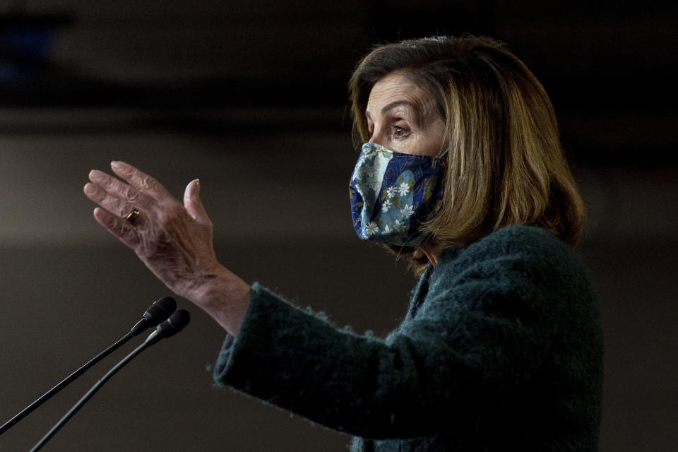 House Speaker Nancy Pelosi of Calif. speaks at a news conference on Capitol Hill in Washington, Thursday, Jan. 28, 2021. (AP Photo/Andrew Harnik)