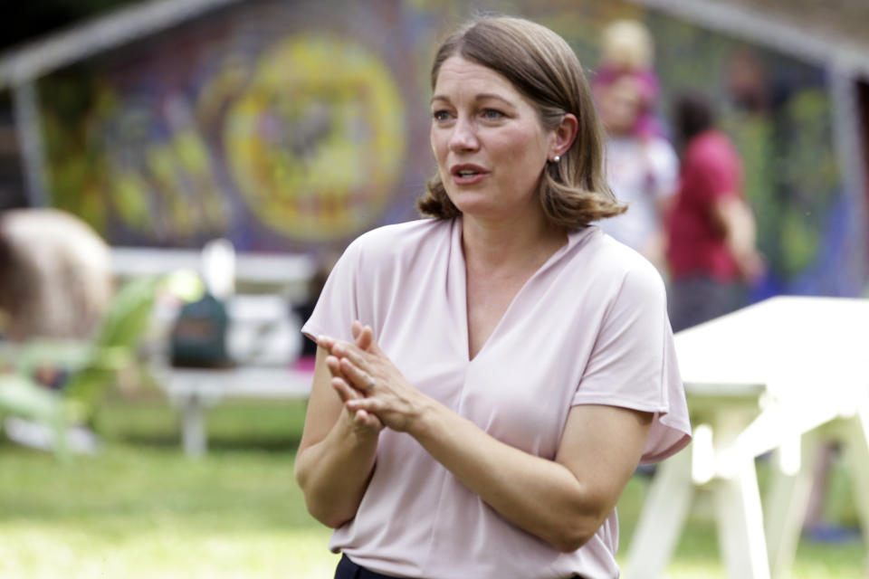 FILE - Democratic House candidate Lt. Gov. Molly Gray speaks to voters in Middlesex, Vt., on July 20, 2022. Gray is seeking the Democratic Party nomination to run for Vermont's vacant U.S. House seat. The incumbent, Rep. Peter Welch, is running for the U.S. Senate. The Vermont primary is Aug. 9. (AP Photo/Wilson Ring, File)