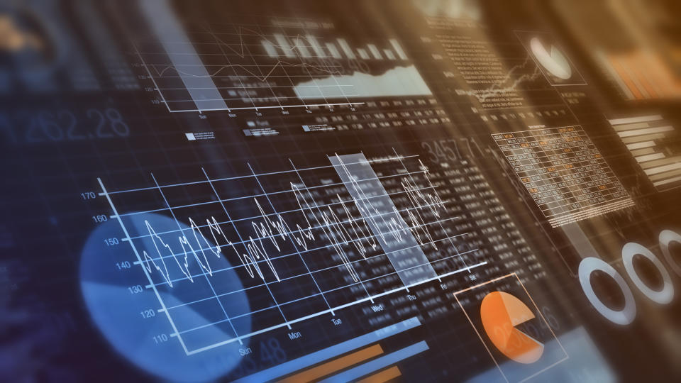 Various financial charts displayed on digital screens