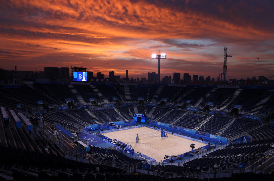 Tokyo 2020 Olympics - Beach Volleyball - Men - Pool B - Czech Republic (Perusic/Schweiner) v Latvia (Plavins/Tocs) - Shiokaze Park, Tokyo, Japan - July 26, 2021. General view inside the stadium, as the match was cancelled due to the coronavirus disease (COVID-19) in their match. REUTERS/Pilar Olivares     TPX IMAGES OF THE DAY