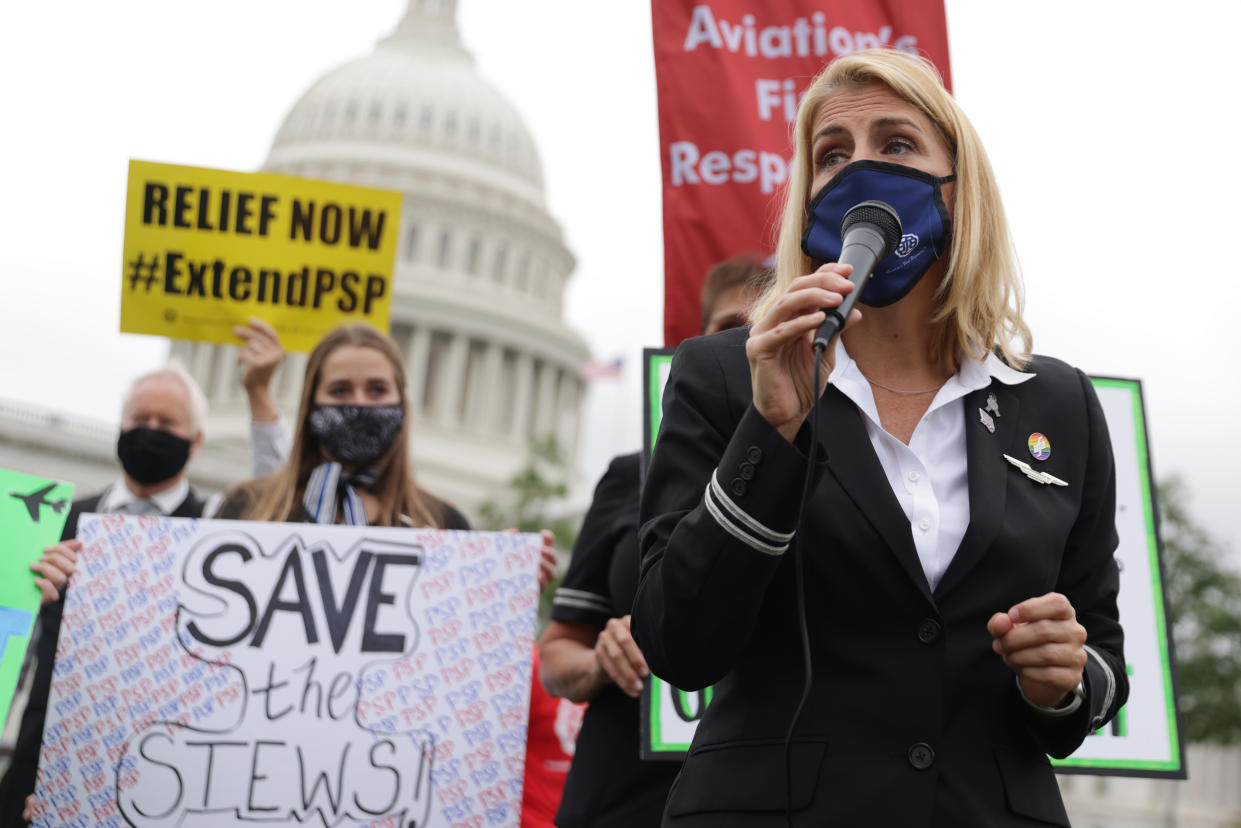 Association of Flight Attendants-CWA, AFL-CIO International President Sara Nelson speaks during a rally on the grounds of the U.S. Capitol September 9, 2020 in Washington, DC.