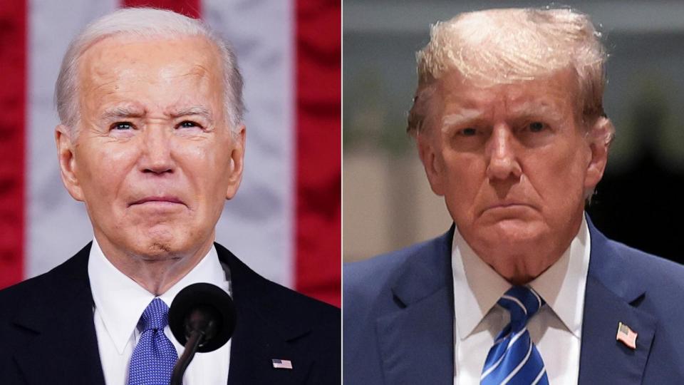 PHOTO: President Joe Biden delivers the annual State of the Union address on March 7, 2024, in Washington, D.C. | Former President Donald Trump arrives for an election-night watch party at Mar-a-Lago, on March 5, 2024 in West Palm Beach, Fla. (Sharn Thew, Pool via Getty Images | Win McNamee/Getty Images)