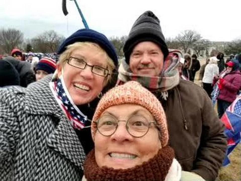 Former San Luis Obispo County District 3 supervisor candidate Stacy Korsgaden, left, and spouse Jodi Ramirez, center, at the Jan. 6, 2021, pro-Donald Trump “Save America” rally in Washington, D.C., with an unidentified man prior to the riot at the Capitol building. 