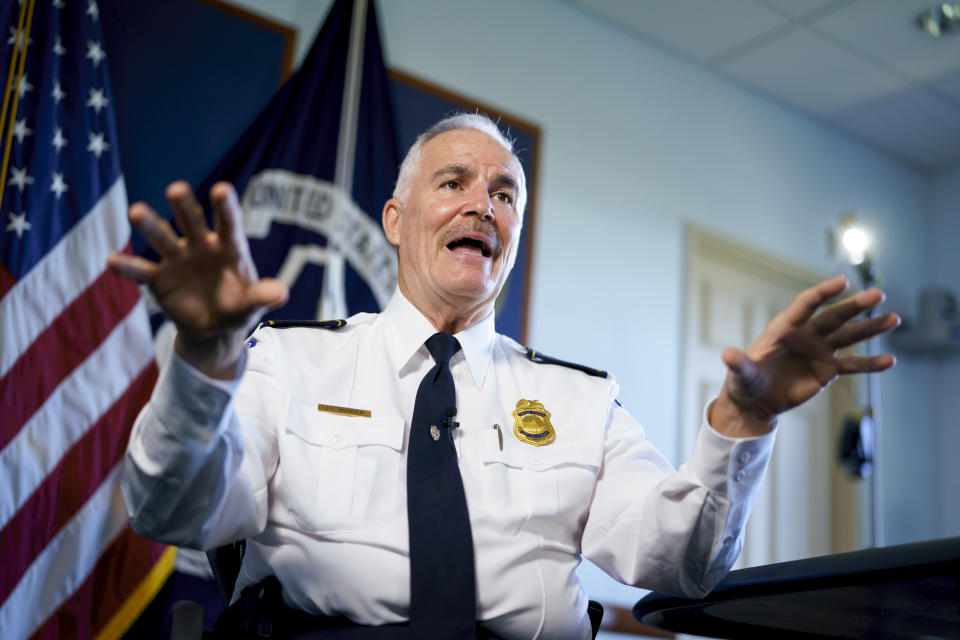 In this Monday, Sept. 27, 2021, photo U.S. Capitol Police Chief Tom Manger, who came to the job six months after the Jan. 6 insurrection and attack on the Capitol, answers questions during an interview with The Associated Press, at his office on Capitol Hill in Washington. (AP Photo/J. Scott Applewhite)