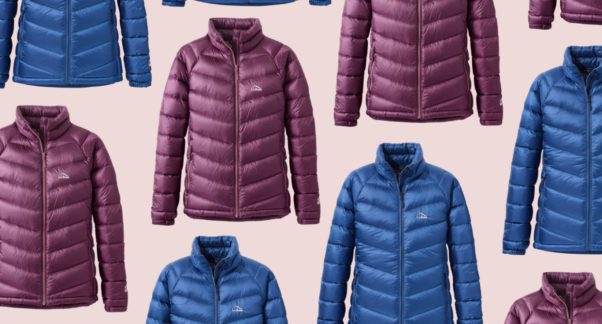 ocean blue and plum coloured down jacket from l.l.bean, llbean down jacket