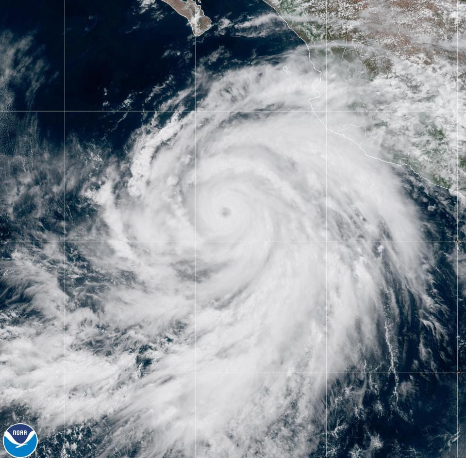 Hurricane Hilary on NOAA satellite Thursday afternoon. Hilary is expected to make landfall over or near the Baja California Peninsula on Sunday, then move over California as a tropical depression on Sunday night and Monday.