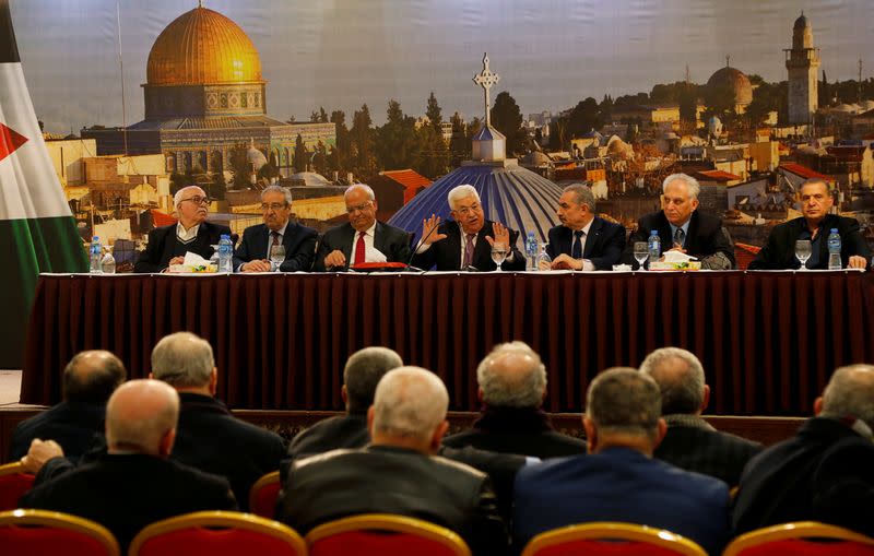 FILE PHOTO: Palestinian President Mahmoud Abbas gestures as he delivers a speech following the announcement by the U.S. President Donald Trump of the Mideast peace plan, in Ramallah in the Israeli-occupied West Bank