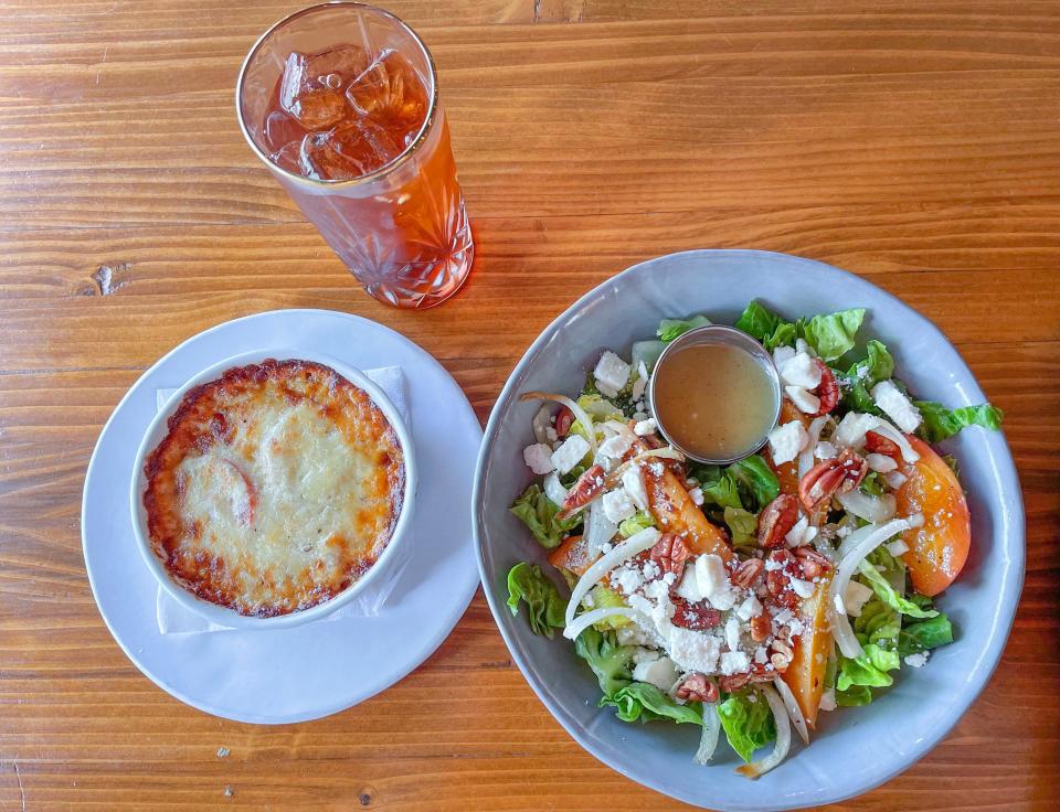 Tomato pie, Earl Grey sweet tea and peach salad from home.made in Athens, Ga. on Monday, July 24, 2023.