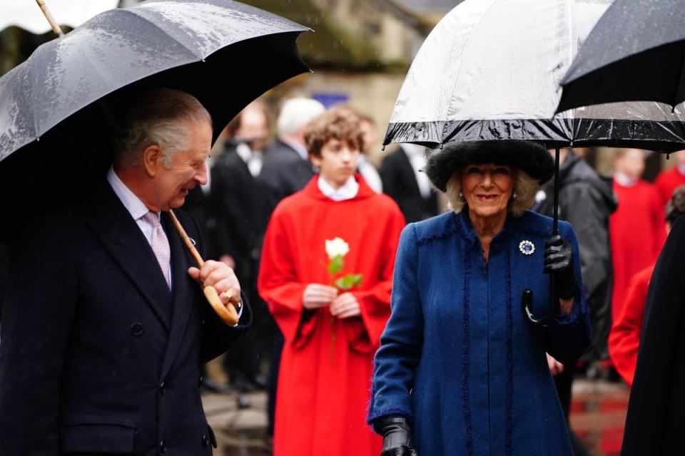 King Charles and the Queen Consort arriving to lay memorial wreaths symbolising reconciliation and the German-British friendship during a visit to St  Nikolai Memorial Church, Hamburg (PA)