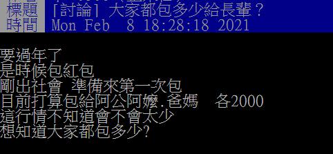 原PO好奇「大家都包多少給長輩」？（圖／翻攝自PTT）