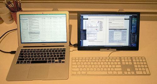 MacBook Air set up with portable ASUS MB168B+ monitor