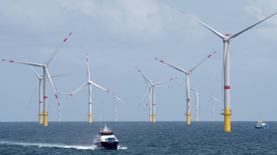 Das Versetzboot «Detector» fährt durch den Offshore-Windpark «Nordsee 1» vor der ostfriesischen Insel Spiekeroog.