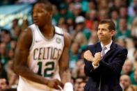 May 23, 2018; Boston, MA, USA; Boston Celtics head coach Brad Stevens reacts after a score against the Cleveland Cavaliers during the fourth quarter of game five of the Eastern conference finals of the 2018 NBA Playoffs at TD Garden. Mandatory Credit: Winslow Townson-USA TODAY Sports