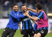 Soccer Football - Serie A - Inter Milan v Empoli - San Siro, Milan, Italy - May 26, 2019 Inter Milan's Marcelo Brozovic celebrates with Roberto Gagliardini and Andrea Ranocchia before his goal is disallowed after a VAR review REUTERS/Alberto Lingria