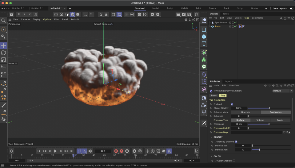 A screenshot of a pyrotechnic effect in Cinema 4D 2024