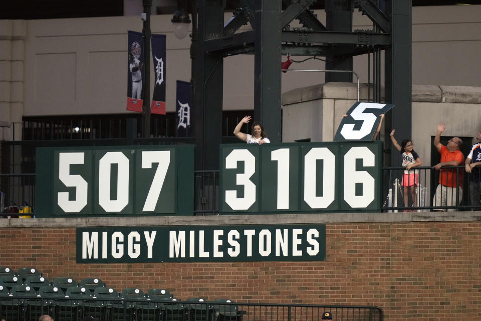 The run board is updated during the eighth inning of a baseball game between the Detroit Tigers and the Texas Rangers, Tuesday, May 30, 2023, in Detroit. Tigers designated hitter Miguel Cabrera hit a single to left during the eighth. (AP Photo/Carlos Osorio)