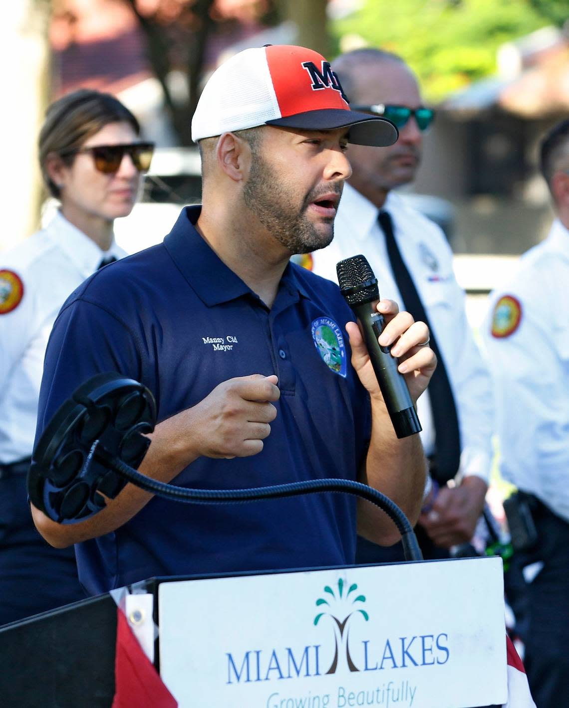 Miami Lakes Mayor Manny Cid speaks during a ceremony to honor the heroes whose lives were lost on September 11th 2001 on Sunday, Sept. 11, 2022, at Veterans Park in Miami Lakes.