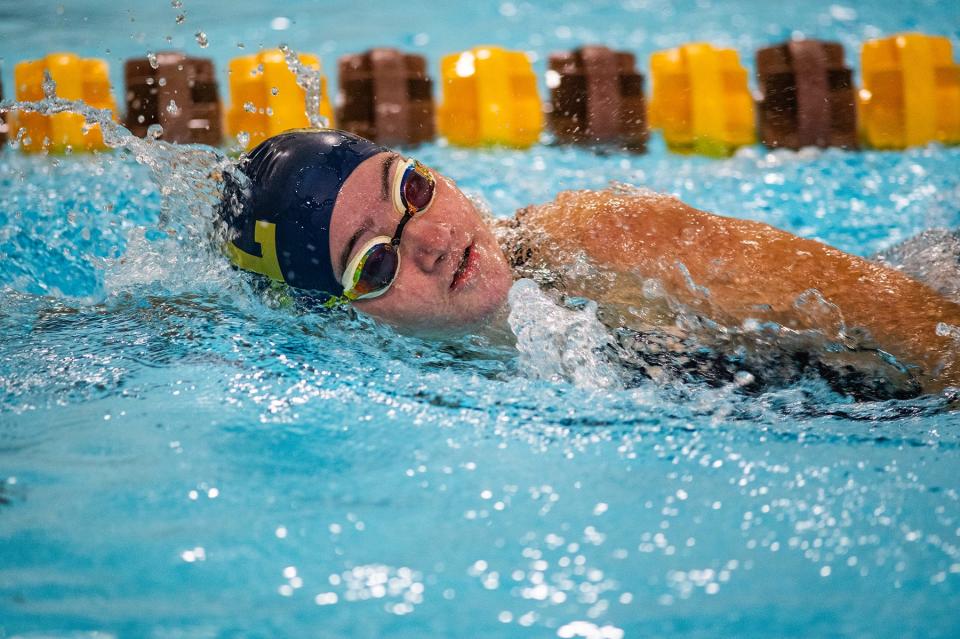 Lourdes' Magdalena Regenauer competes in the 400 meter freestyle relay during the Kingston and Our Lady of Lourdes girls swim meet at Kingston High School in Kingston, NY on Tuesday, October 10, 2023. KELLY MARSH/FOR THE POUGHKEEPSIE JOURNAL