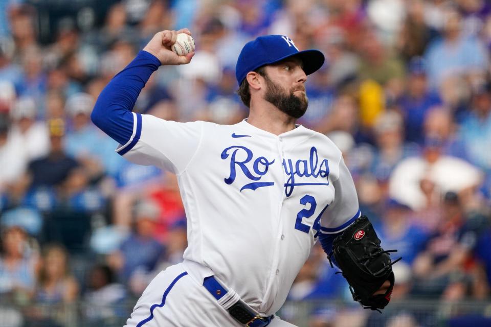 Kansas City Royals starting pitcher Jordan Lyles (24) delivers a pitch against the Detroit Tigers during the first inning at Kauffman Stadium in Kansas City, Missouri, on Monday, July 17, 2023.