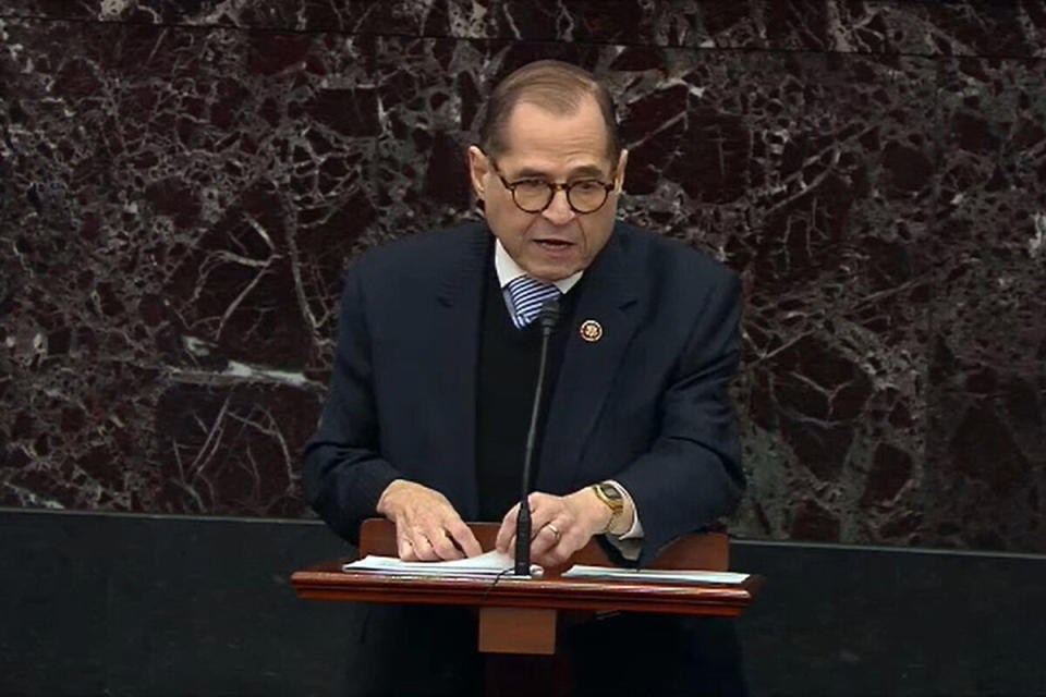 House impeachment manager Rep. Jerrold Nadler (D-N.Y.) speaks during impeachment proceedings against President Donald Trump in the Senate on Jan. 21, 2020. (Photo: Photo by Senate Television via Getty Images)