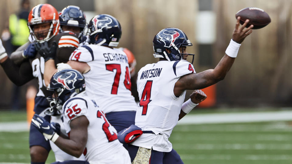 Houston Texans quarterback Deshaun Watson throws during the first half of an NFL football game against the Cleveland Browns, Sunday, Nov. 15, 2020, in Cleveland. (AP Photo/Ron Schwane)